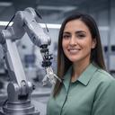 Ingeniera industrial junto a un brazo robótico de control de calidad